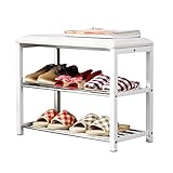 YNN シートクッション、スチール、ホワイト、60長さ×30幅×48.5高さcmの3層収納靴用ラック/ベンチ