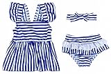next.design 3点セット 子供用 水着 スイムウェア ボーダー [ ワンピース + パンツ + ヘアバンド ] (M（105-115cm）, ブルー)