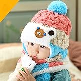 赤ちゃん 幼児 子供 服 ギフト 帽子 キャップ　かわいい ボンボン 耳あて 耳カバー 付き ボア ニット帽 マフラー セット 男の子 女の子 兼用 防寒 防風 アウター ベビー キッズ (ピンク)