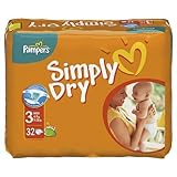 Pampers Simply Dry 3 Midi 4-9kg - 9-20lbs 32 Nappies x Case of 4 by BabyProducts