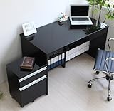 【鏡面天板で美しい、たっぷり収納のデスクセット】 120cm幅 デスク 2点セット 大型収納 多目的チェスト付き 2口コンセント ブラック