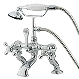 Kingston Brass CC416T1 Vintage Deck Mount 7-Inch Spread Tub Filler with Hand Shower, Metal Cross Han