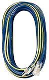 Voltec 05-00349 12/3 SJTW Outdoor Extension Cord with Lighted End, 100-Foot, Blue with Yellow Stripe