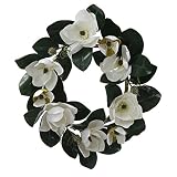 26" White Magnolia Flower and Leaves Artificial Silk Floral Wreath - Unlit