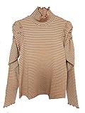 タートルネック ボーダー tシャツ かわいい ギャザー 長袖 冬 コットン起毛 フリーサイズ レディース (Camel)