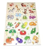 【KUENTAI】木製パズル 数字 アルファベット 2点セット 子供 知育玩具  遊びながら数字とアルファベットが学べます おもちゃ キッズ 赤ちゃん (動物&野菜)
