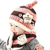 【Anjelly】 ベビー ＆ キッズ 用 ニット帽 & マフラー (ボタン付き ネックウォーマー ) セット ベースボール 選べる6色 (ピンク×ブラウン)