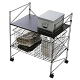 LOWYA （ロウヤ） キッチンワゴン 通気性ワイヤーフレーム 木目調天板 何にでも使えるワイヤーバスケット×2 ストッパー付きキャスター 4段階調節可動棚 ブラウン おしゃれ