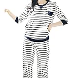 Yangelo マタニティ 授乳服 パジャマ 家着 長袖　ゆったり　着心地良くて動きが楽々 ボーダー　大きいサイズ　M　ホワイト