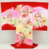 お宮参り 着物 女　「日本製・手描き赤地にぼかし 鈴 花々 金糸の彩り」 正絹　祝着  初着 お宮参り 産着 宮参り おみやまいり きもの キモノ 女児 女の子 kimono