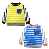 (ブルー/80cm)ベビー服 男の子 トレーナー 長袖 ミニ裏毛 配色切替 ボーダー柄 胸ポケット タグ装飾 男児 ベビー
