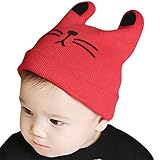 【 Kids猫ひげニット帽】FREEサイズ　猫　ゆるかわ　ニット帽　キャップ　ベビー (レッド)