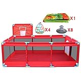 バスケットボールフープ/ボール付大型ベビープレイペンFoldable Kids Play Pens 10パネル子供用アクティビティセンターRoom Fitted Floor Mats、Red