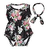 Sakulala（サクララ） ベビー服 ロンパース 女の子 ボディスーツ カバーオール カジュアル 花柄 ノースリーブ ヘアバンド付き 新生児 幼児 0-24ヶ月設