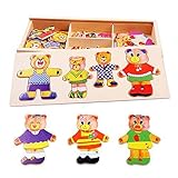 HuntGold Wooden Bear Change Clothes建物ブロック木製ジグソーパズルおもちゃ幼児Kidギフト