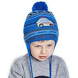 URSFUR ふわふわ ニット帽 子供 暖か　男の子 かわいい 秋冬　毛糸　刺繍ブルー