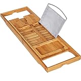 Songmics竹Bathtub Caddyトレイ、両側調整可能な展開に42 "防水布ブックホルダータブレット電話スロットガラスホルダーubcb88y