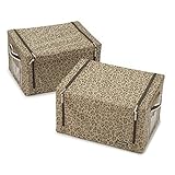 前から取り出せる収納ボックス（折り畳み／フタ付き／布タイプ） 2個セット (Mサイズ, ヒョウ柄ブラウン（レオパードブラウン）)