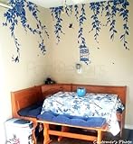 PopDecors - Elegant Leaves, Bird Cage with Flying Birds - Vivid Blue and Black - removable vinyl art