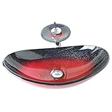 Homelava 現代　手洗い器＆蛇口セット　洗面ボウル　洗面器　バスルーム　洗面台　洗面用　強化ガラス製　楕円形　排水金具付　ブラック+レッド