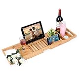 TDデザイン高級竹Bathtub Caddyトレイwith Extending Sides、シャワーオーガナイザー
