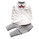 FEVON セットアップ　ベビー　スーツ　上下セット　2点セット　tシャツ　ズボン　長袖　春　秋　蝶ネクタイ　ストライプ　メガネ刺繍　可愛い　男の子　ボーイズ　キッズ　子供服　フォーマル　全4色　出産