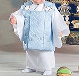 男の子ベビー着物セット 被布 1才(80-90cm) くま 白/水色