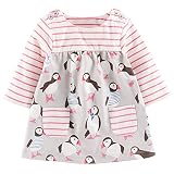 Soda公園ガールズ長袖ストライプとペンギンクルーネックコットンTシャツドレス