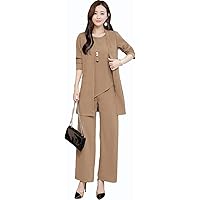 [oshhni] Sueeya セットアップ レディース パンツスーツ 3点セット シフォン カーディガン パンツドレス ゆったり 大きいサイズ 体型カバー カジュアル お洒落 シンプル フォーマル 上品 通勤 ママ 普段着 秋 冬