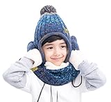 Toyobuy(トヨベイ) キッズ 子供 男の子 女の子 裏起毛 可愛い ニット 手袋 耳まで 帽子 耳あて付 ハット マフラー ネッカチーフ スカーフ 3点セット ブルー L