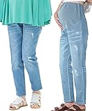 Sweet Mommy マタニティボトム デニムパンツ ダメージテーパードデニム ジーンズ アンクル丈 柔らかコットンデニム ウエスト調節機能 お腹すっぽりウエストリブ 9分丈 ストレッチデニム 臨月