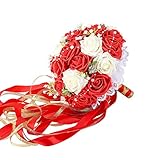 ウェディングブーケ、febou Holdingブライズメイドブーケ、ウェディングブライダルブーケ人工バラレースパールリボン、ウェディング、、教会、パーティー、ホームデコレーション Long Ribbo