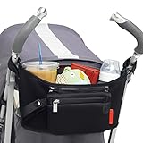 「HIKARE」ベビーカーホルダーバッグ　 多機能小物入れ　車肩掛けバッグ　イヤホン口　取り外し可能　ポーチ付き (ブラック)