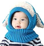 【Anjelly】 ベビー ＆ キッズ 用 うさぎちゃん風 ニット帽 ネックウォーマー 一体型 おまけ付 選べる5色 (ブルー)