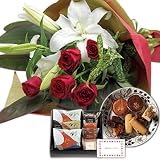 花とスイーツ ギフトセット 豪華 ユリ レッドバラ　花束 と ホテルオークラ　焼き菓子セレクト 写真入り・名入れメッセージカード