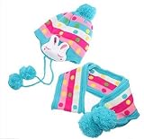 かわいい ウサギ 付き 耳 まで あったか ベビー キッズ ニット帽 マフラー セット (3.ブルー)