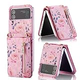 XIMAND for Samsung Galaxy Z Flip5 5G用フラワークレジットカードホルダーウォレットケース、ストラップ付き、ローズパターンのクロスボディパース、女性用のフローラルキックスタンド、かわいくて魅力的です（粉色）
