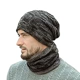 ニット帽子 キャップ ネックウォーマー セット ビーニーキャップ 内側に暖かい綿毛 防寒 防風 保温 秋冬 フリーサイズ 男女兼用 (黒)
