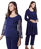 Sweet Mommy マタニティ 前開きパジャマ ガウン 上下パジャマ 3点セット ウエスト調節機能 レーススリーブ ワンピース風 長袖 プリーツ サイドポケット 入院準備 ナイティ 産前産後 授乳