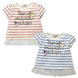 (レッド/95cm)ベビー服 女の子 Tシャツ 半袖 ボーダー柄 ロゴプリント 裾チュールフリル パフスリーブ 女児 ベビー