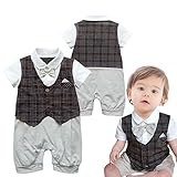 （イーエフイー）EFE ベビースーツ 赤ちゃん服 半袖|蝶ネクタイ|ショートパンツ チェック柄 ロンパース 80/90/95 (80)