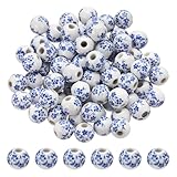 PATIKIL 磁器ビーズ 80個 10mm プリントセラミックビーズ ラウンドフラワービーズ ハンドメイドスペーサービーズ 宝石作り イヤリング ネックレス DIY クラフト用 ブルー