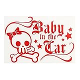 レッド（赤） Baby in the carドクロ 海賊 スカル リボン 可愛い　女の子 窓ガラス用シール 子供 車の後ろ 安全 ※吸盤・マグネットタイプ...