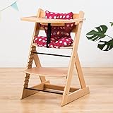 【ベビーチェア テーブル付き ハイチェア 高さ調節 木製 専用クッション付き】こどもと一緒に成長するチェア 高さ調節可能！ 安全ベルト付き ふかふかクッションセット チェア色：大水玉レッド クッション