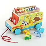 Pull Along Xylophone - iPlay iLearn Wooden Xylophone Pull-along Bus with Animal Puzzle [並行輸入品]