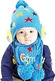 京都おかげさまで お耳も 頭も とっても 暖か お星さま ニット帽 ＆ マフラー セット ベビー ＆ キッズ (ブルー)