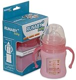 Glass Baby Bottle with Silicone Sleeve (4 oz., Pink) Wide Neck and Stage 1 Nipple by Runaby