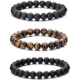 RANKEEF Tiger Eye Bracelet For Men 8MM Natural Stone Beads Bracelet Set Stretch Lava Rock Bracelets Adjustable Black Crystal 