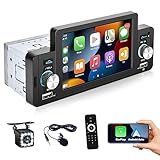 1 Din Apple CarPlay Android Autoステレオメディアレシーバー5"タッチスクリーンカーラジオ、 ミラーリンクカーステレオ ブルートゥース Bluetoothハンズフリー通話FM SWC デュアルUSB 急速充電 AUXミラーリンク+12LEDバックアップカメラ 1Din オートラジオ カーマルチメディアプレーヤー