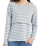 【Micopuella】 授乳口付き tシャツ 長袖 ボーダー 授乳服 トップス カットソー マタニティウェア (M, グレー)